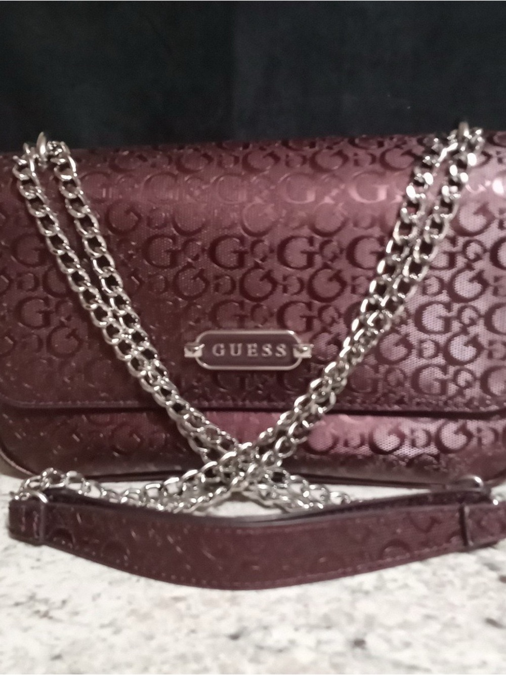 GUESS Metallic Plum Monogram Chain Shoulder Bag